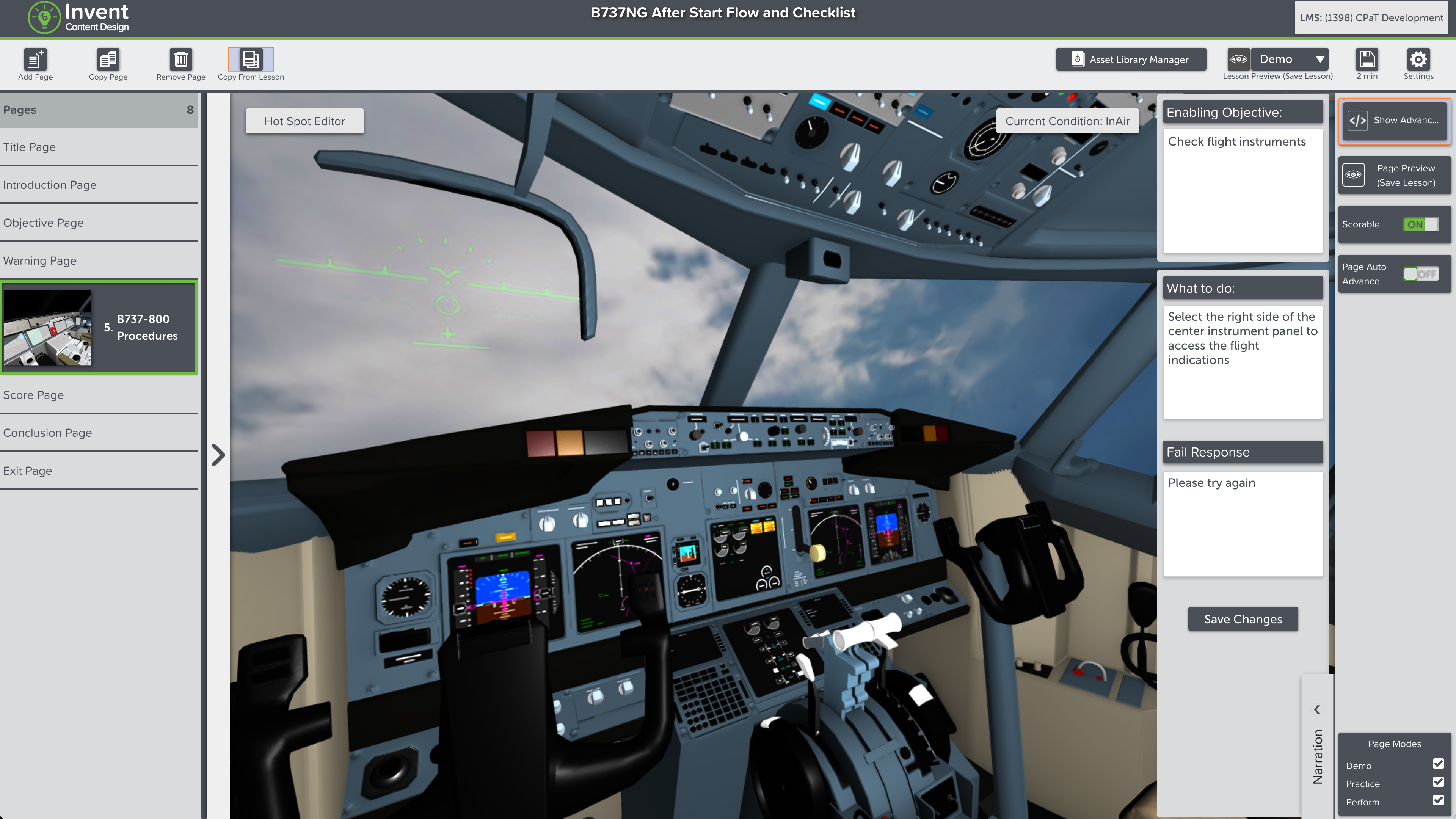 CPaT Invent Authoring Scree-B737NG Cockpit -Pilot Training AFM.aero